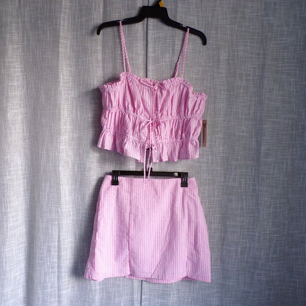 No Boundaries Pink Gingham Two-Piece Tie-Front Top and Slit Mini Skirt Set